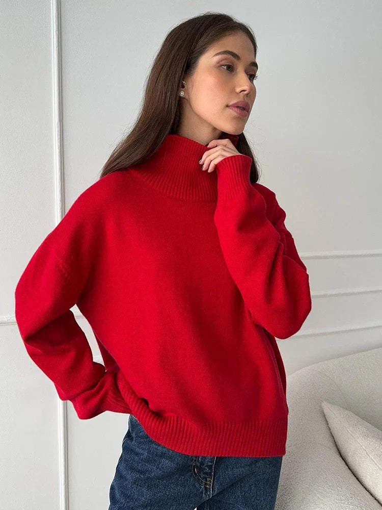 Womens Turtleneck  Long Sleeve Oversized  Knit Pullover Sweater