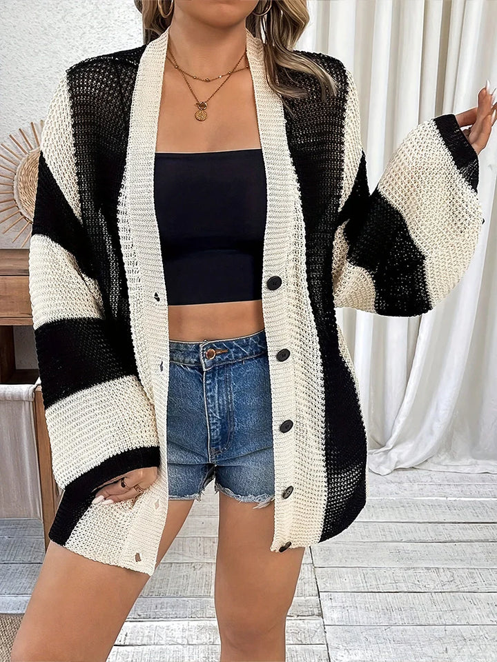 Womens Striped Long Sleeve V Neck Open Front Button Down Knit Cardigan Sweaters