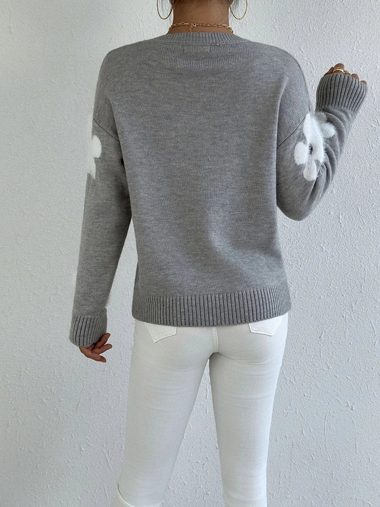 Women's Floral Crew Neck Long Sleeve Casual Loose Sweater Knit