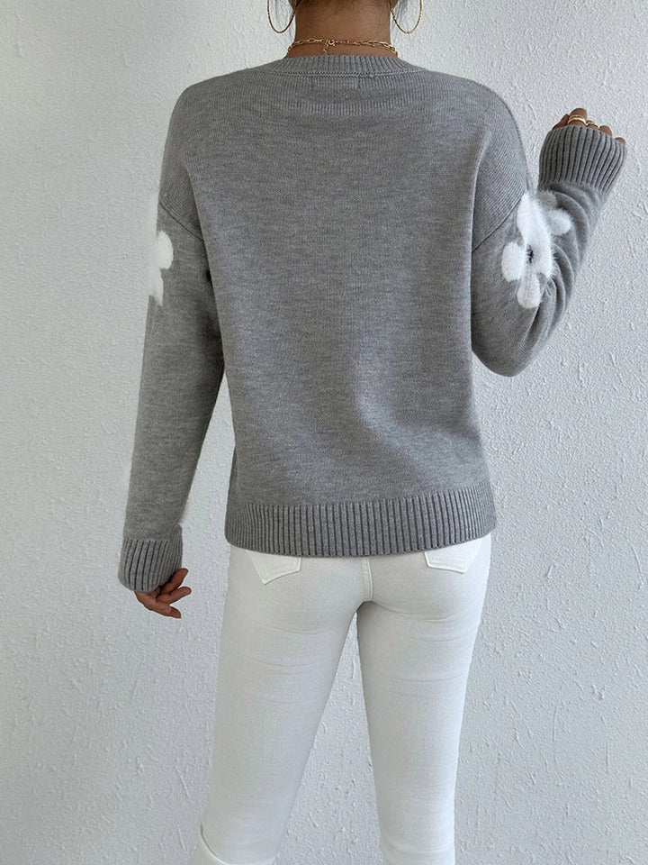Women's Floral Crew Neck Long Sleeve Casual Loose Sweater Knit