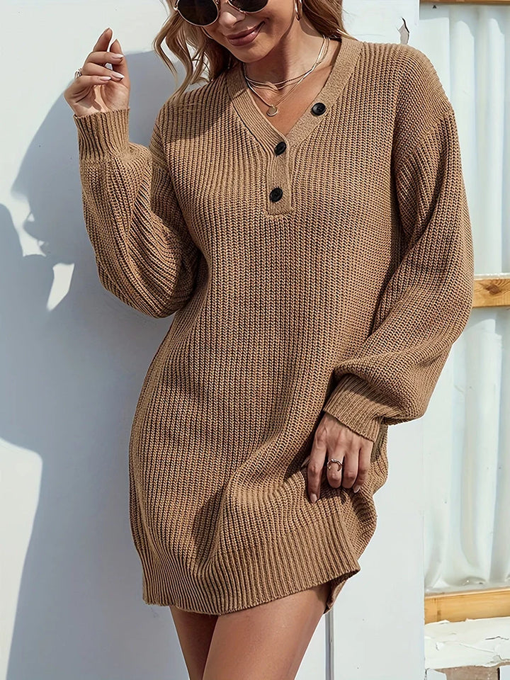 Womens V Neck Mini Sweater Dress Long Lantern Sleeve Pullover Sweaters