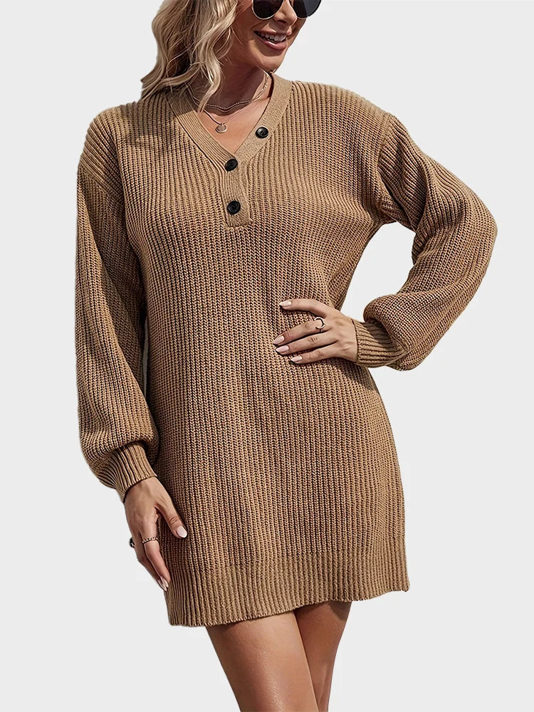 Womens V Neck Mini Sweater Dress Long Lantern Sleeve Pullover Sweaters