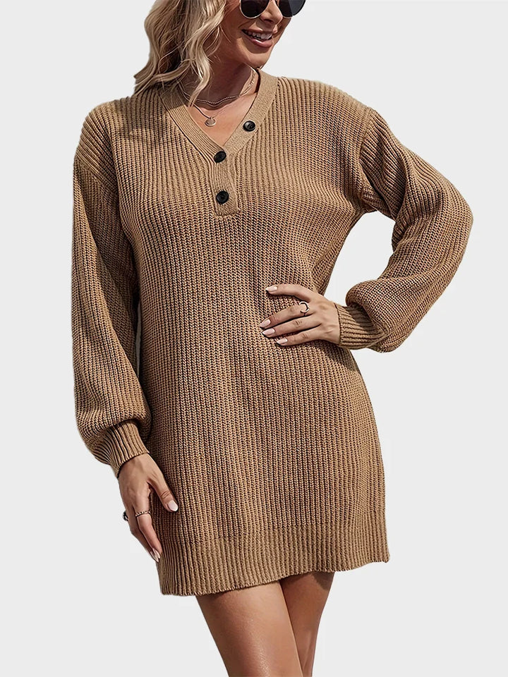 Womens V Neck Mini Sweater Dress Long Lantern Sleeve Pullover Sweaters