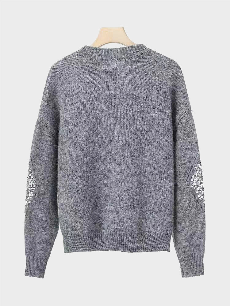 Womens Crew Neck Hollow Out Knit Sweaters  Sequin Pullover Tops