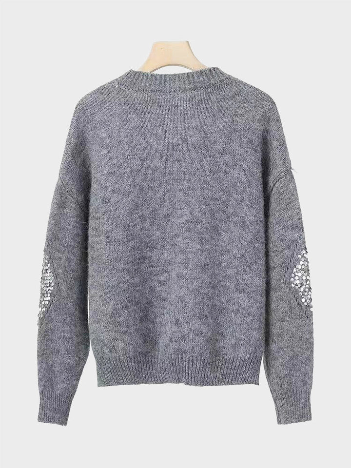 Womens Crew Neck Hollow Out Knit Sweaters  Sequin Pullover Tops