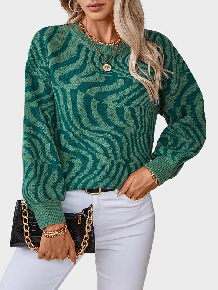 women's zebra print crew neck pullover sweater