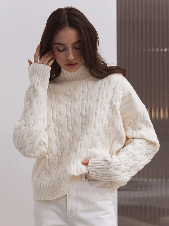 Womens High Collar Loose and Thick Lazy Style  Cable Knit Pullover Sweater