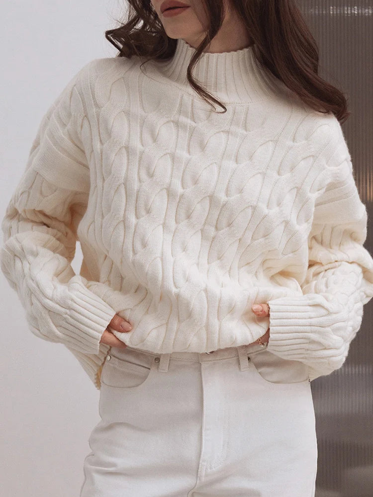 Womens High Collar Loose and Thick Lazy Style  Cable Knit Pullover Sweater