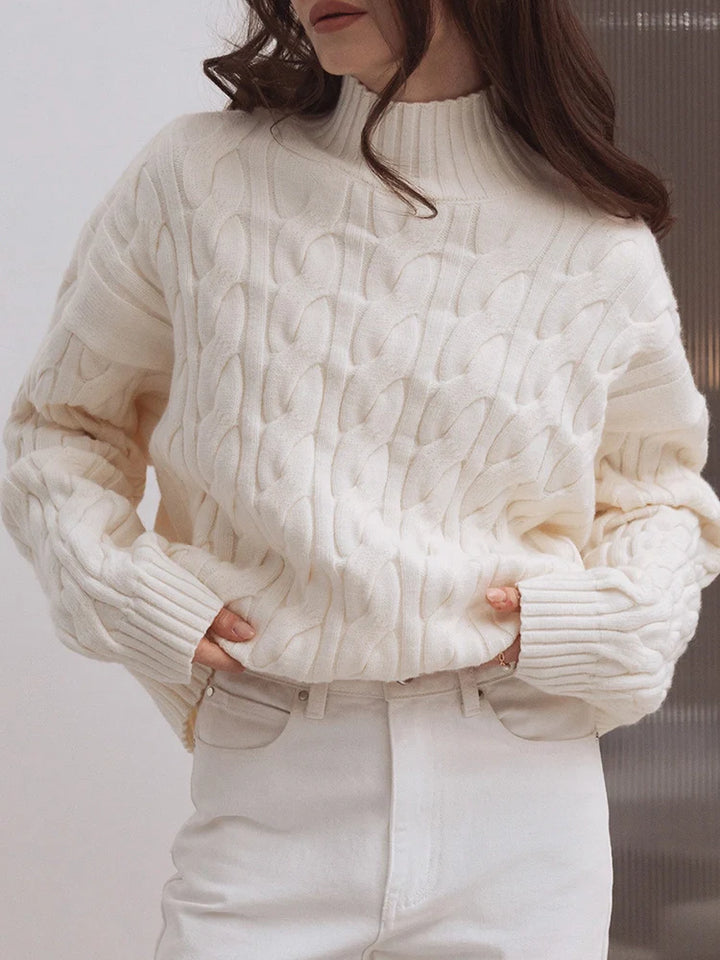 Womens High Collar Loose and Thick Lazy Style  Cable Knit Pullover Sweater