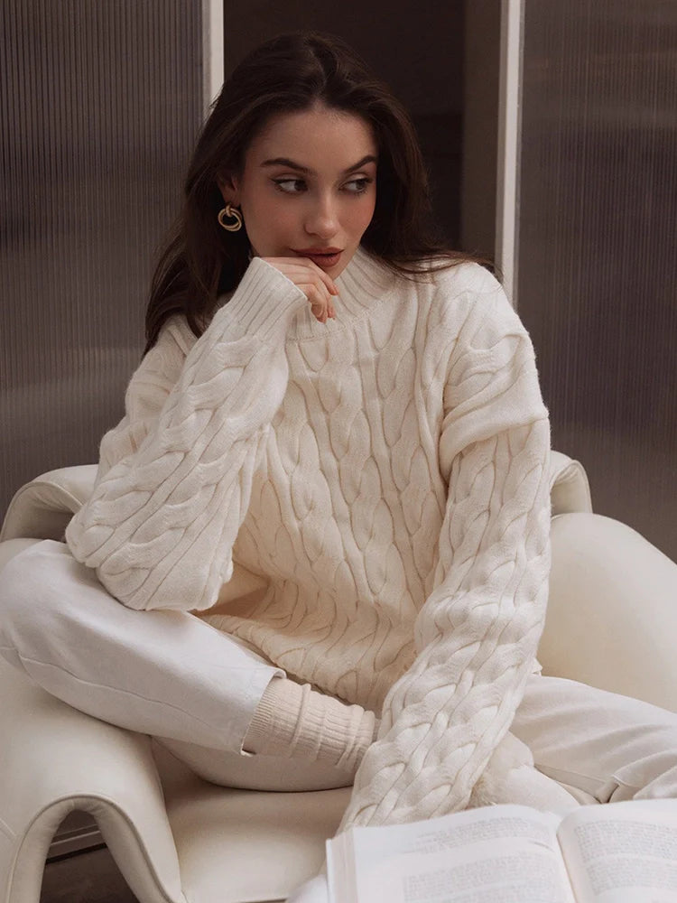 Womens High Collar Loose and Thick Lazy Style  Cable Knit Pullover Sweater