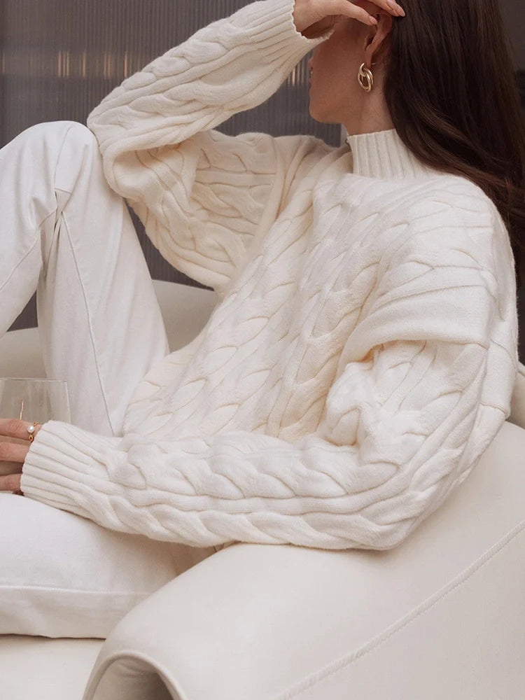 Womens High Collar Loose and Thick Lazy Style  Cable Knit Pullover Sweater