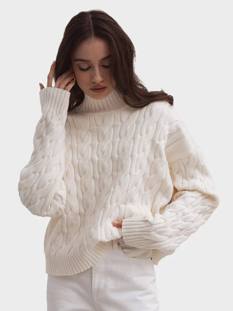 Womens High Collar Loose and Thick Lazy Style  Cable Knit Pullover Sweater