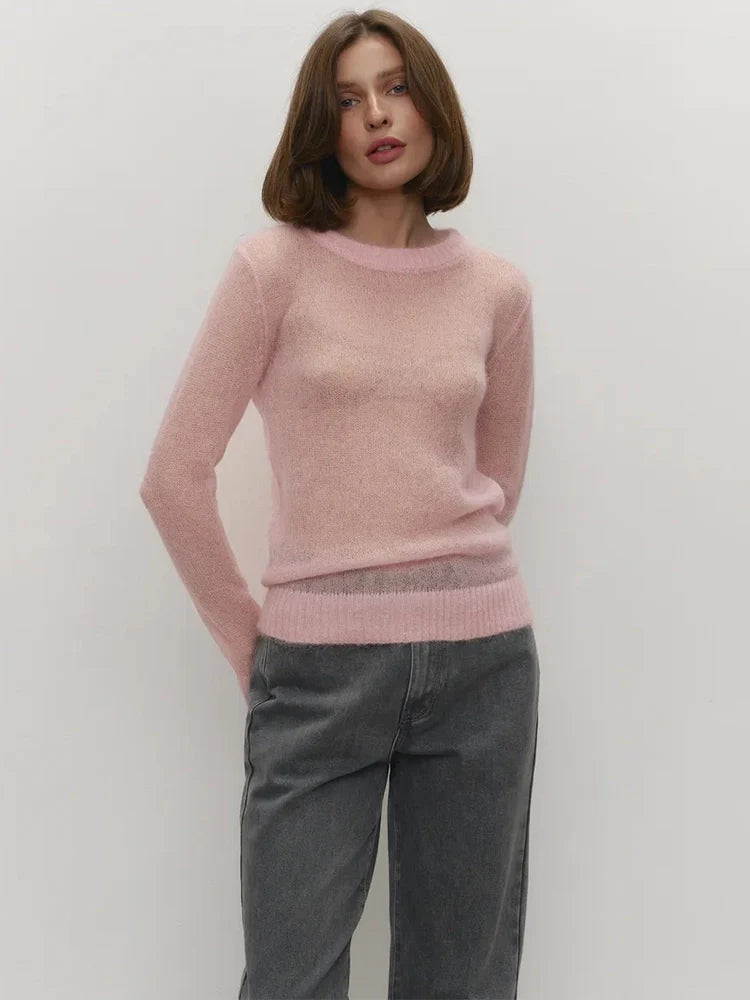 women's Lightweight Knitted Mohair Sweater Boat Neck Sheer