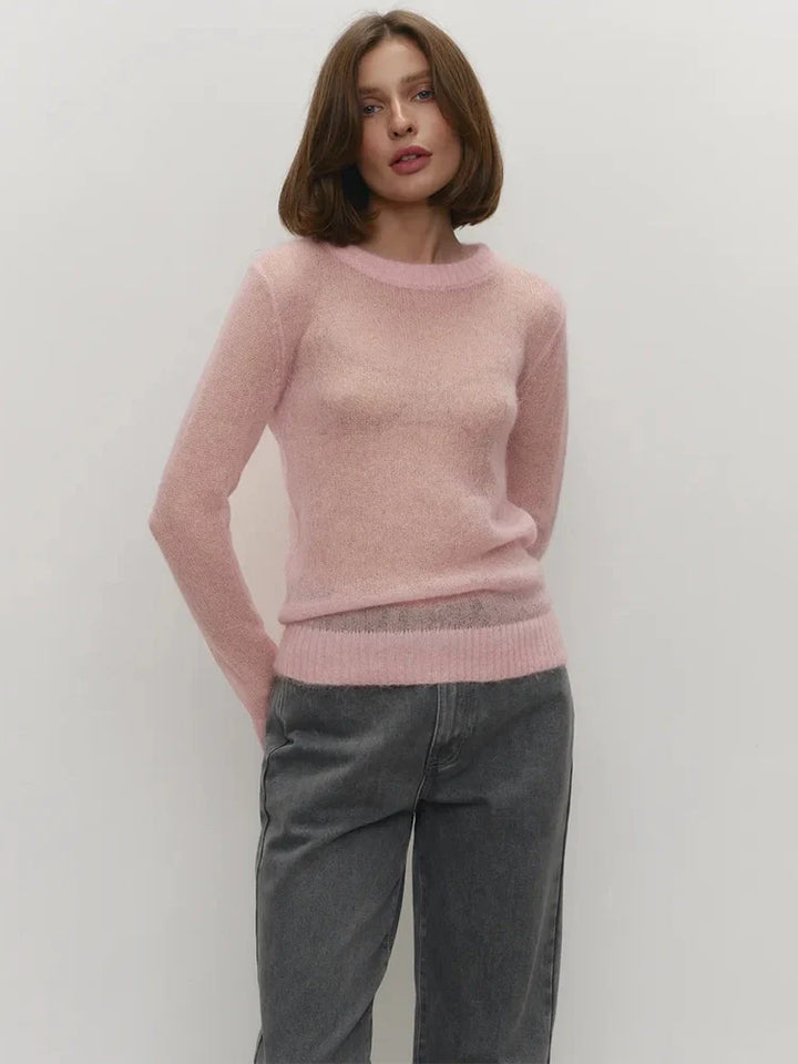 women's Lightweight Knitted Mohair Sweater Boat Neck Sheer
