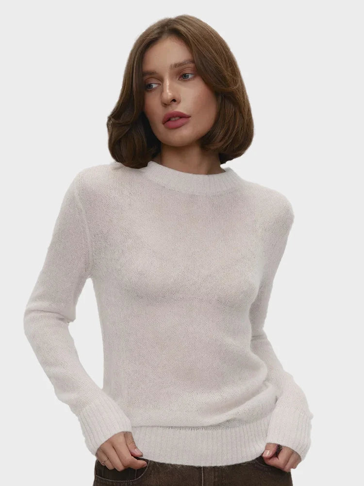 women's Lightweight Knitted Mohair Sweater Boat Neck Sheer