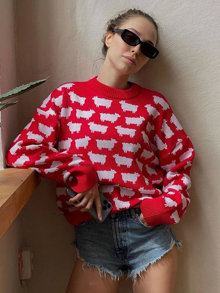 Women's Crew Neck oversize Alpaca Print Sweater