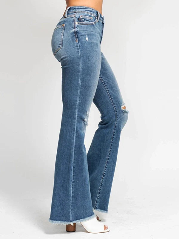 Judy Blue High Waist Button Fly Flare Jeans with Distressed Frayed Hem