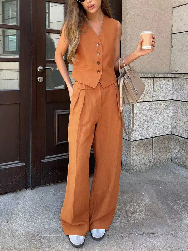 Rust Linen-Blend Vest & Trousers Set