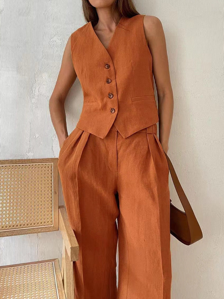 Rust Linen-Blend Vest & Trousers Set