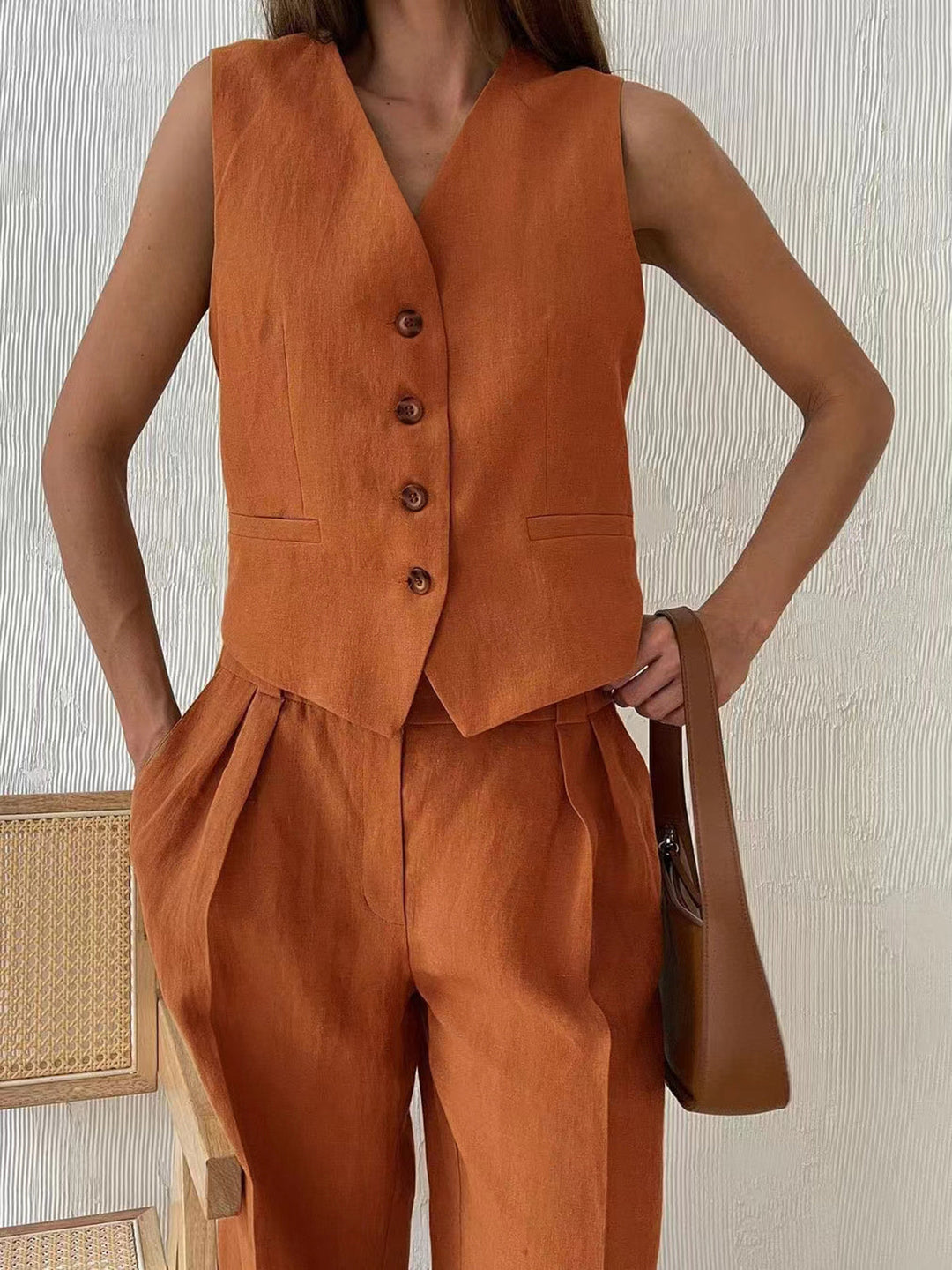 Rust Linen-Blend Vest & Trousers Set