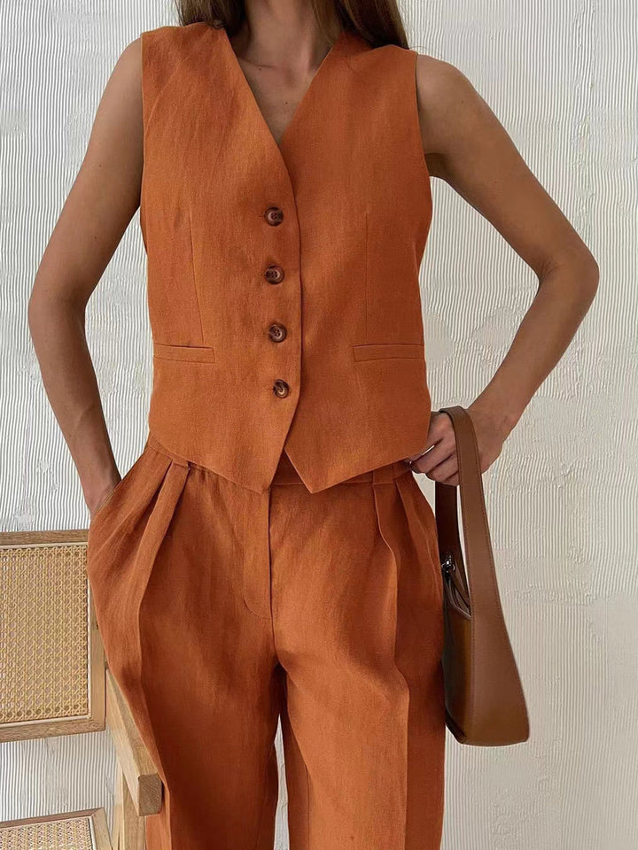 Rust Linen-Blend Vest & Trousers Set