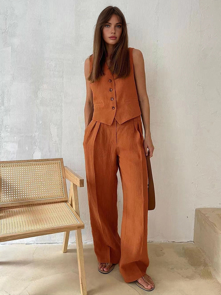 Rust Linen-Blend Vest & Trousers Set