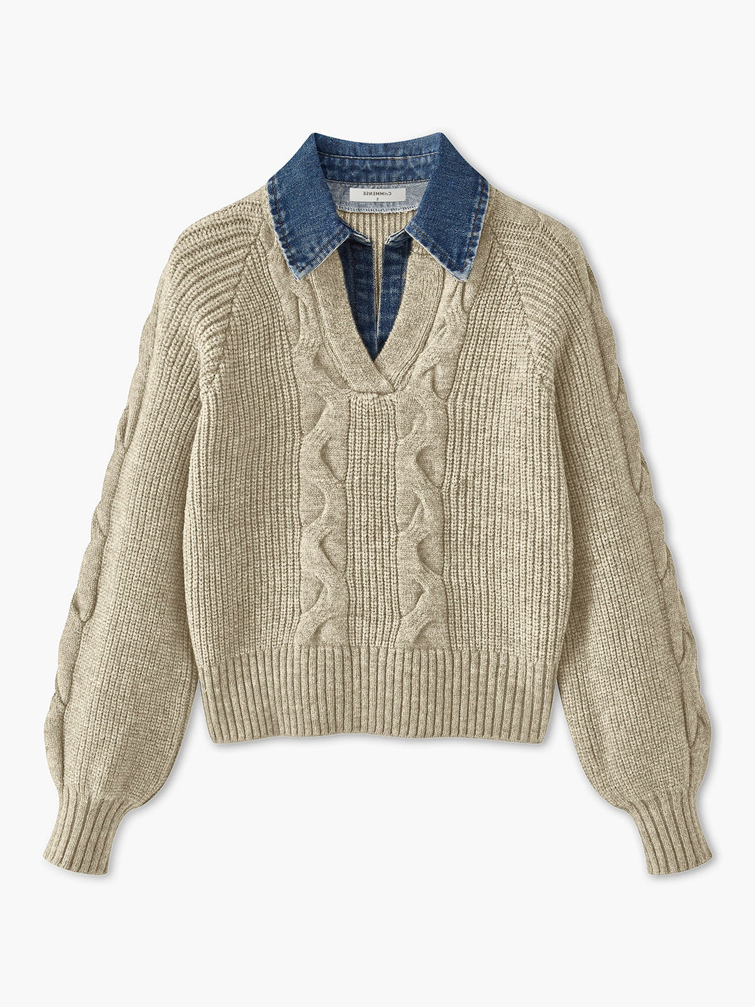 Denim Panel Ribbed Lapel Sweater