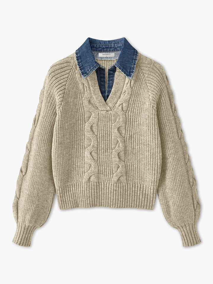 Denim Panel Ribbed Lapel Sweater