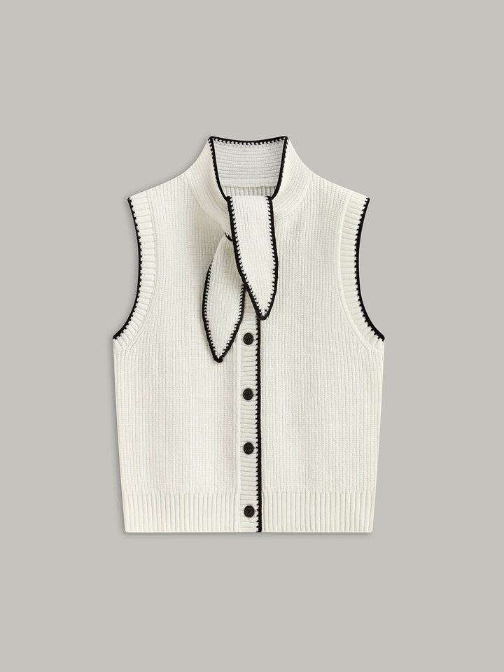 Tie Neck Contrast Trim Button Sweater Vest