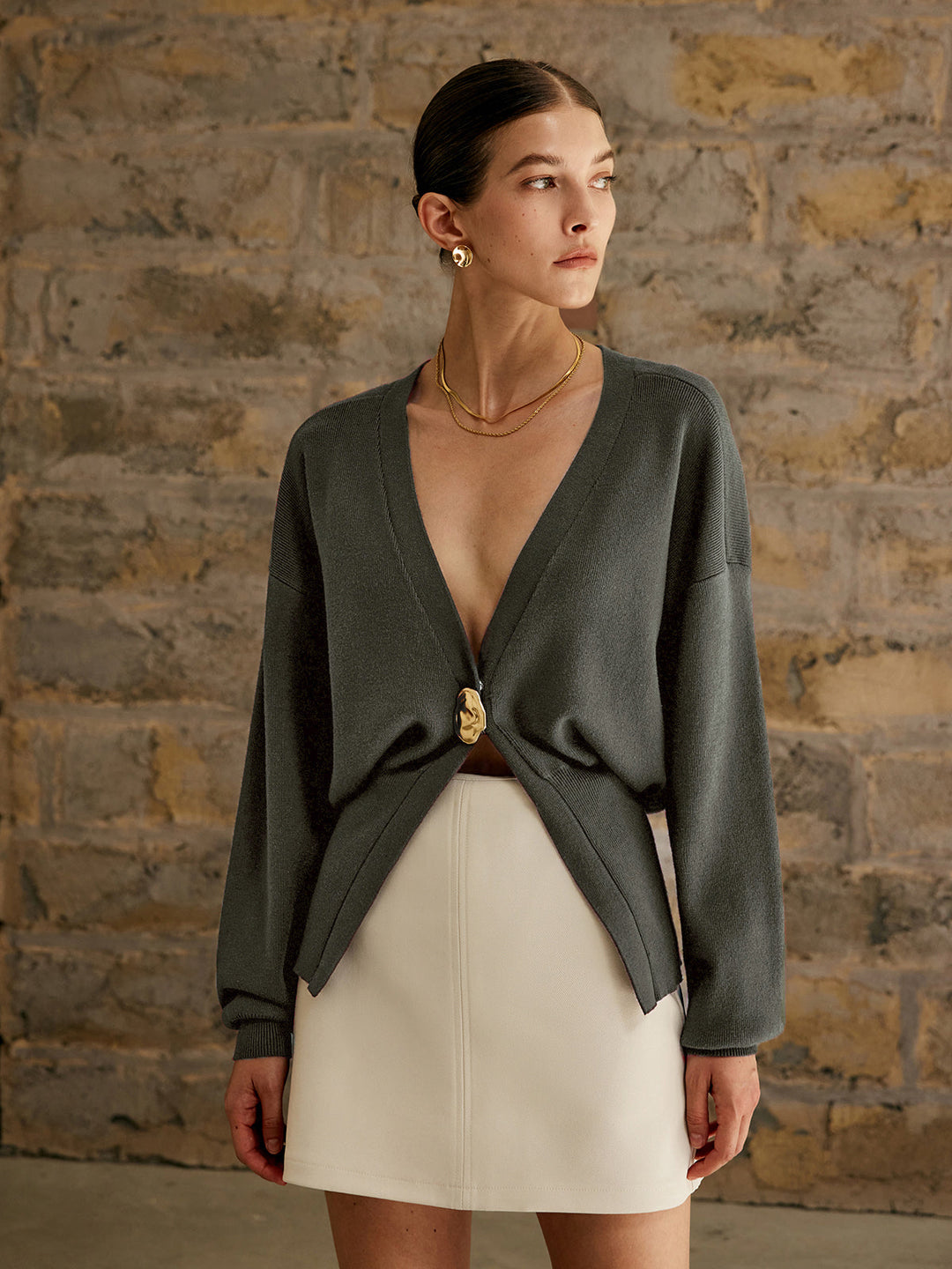 Golden Button Plain Cardigan Sweater