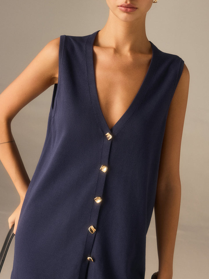 Golden Button Knit Vest Pants Set