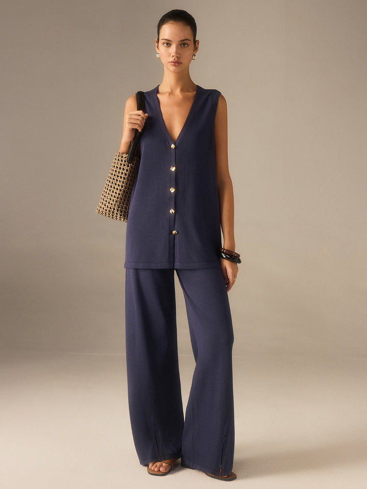 Golden Button Knit Vest Pants Set