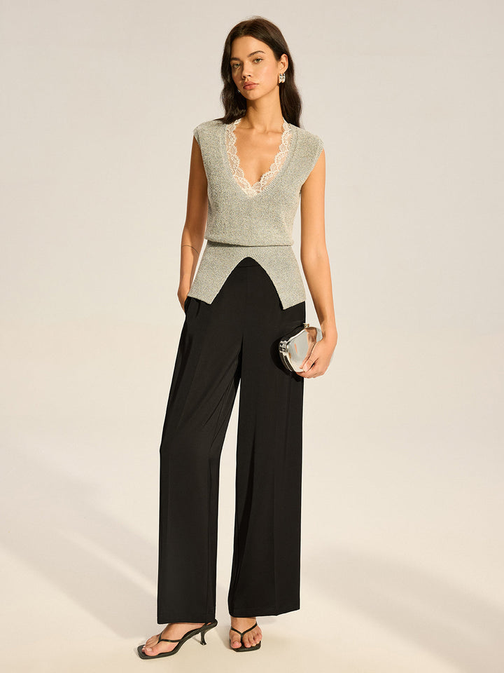 Lace-Trimmed Waist-Cinching Knitted Vest