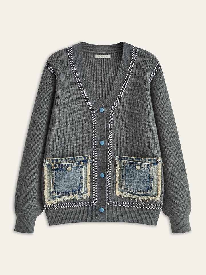 Contrast Trim Denim Panel Cardigan