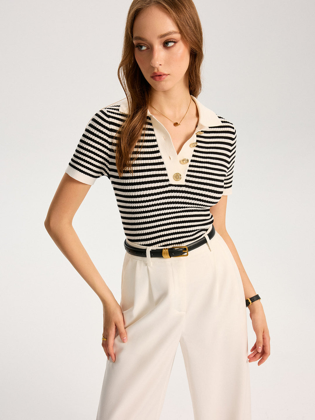 Metal Button Striped Knit Polo Top