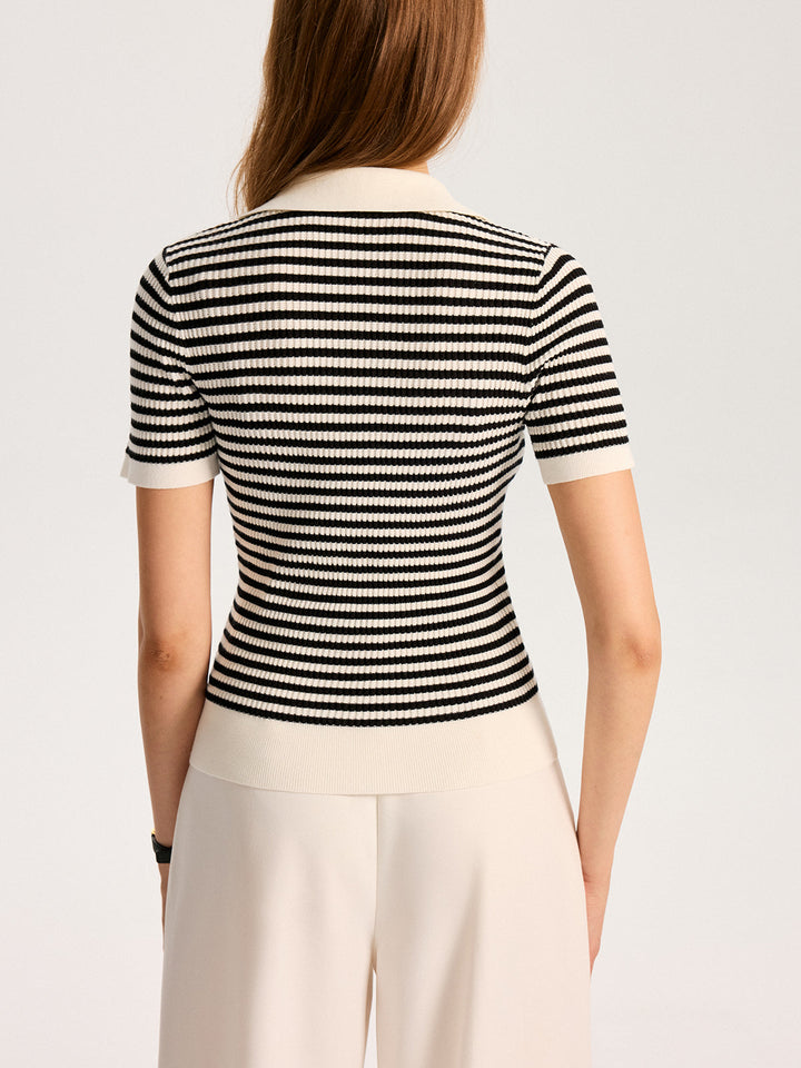 Metal Button Striped Knit Polo Top
