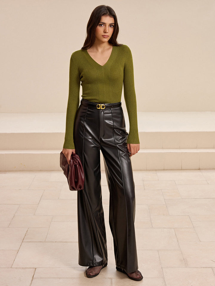 V-Neck Ribbed Fitted Long Sleeve Knit Top