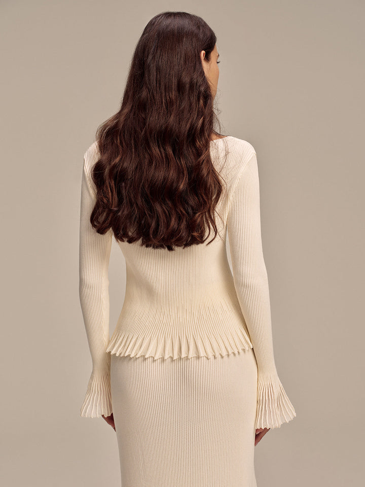 Ribbed Knit Mesh Ruffled Hem Bell Sleeve Top