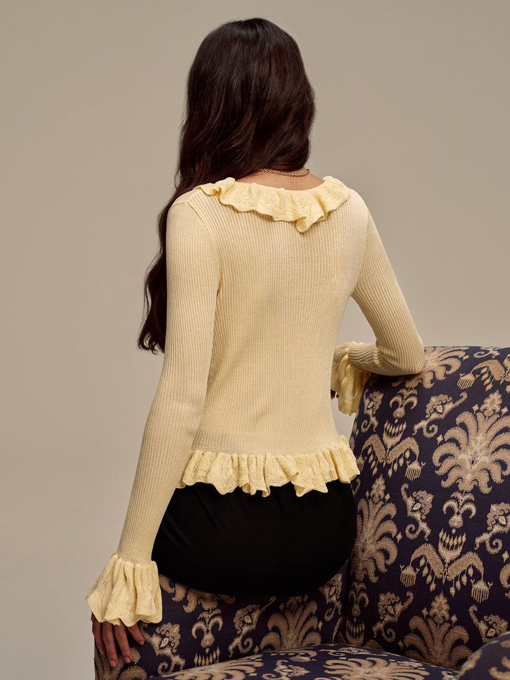 Ruffled V-Neck Knit Cardigan