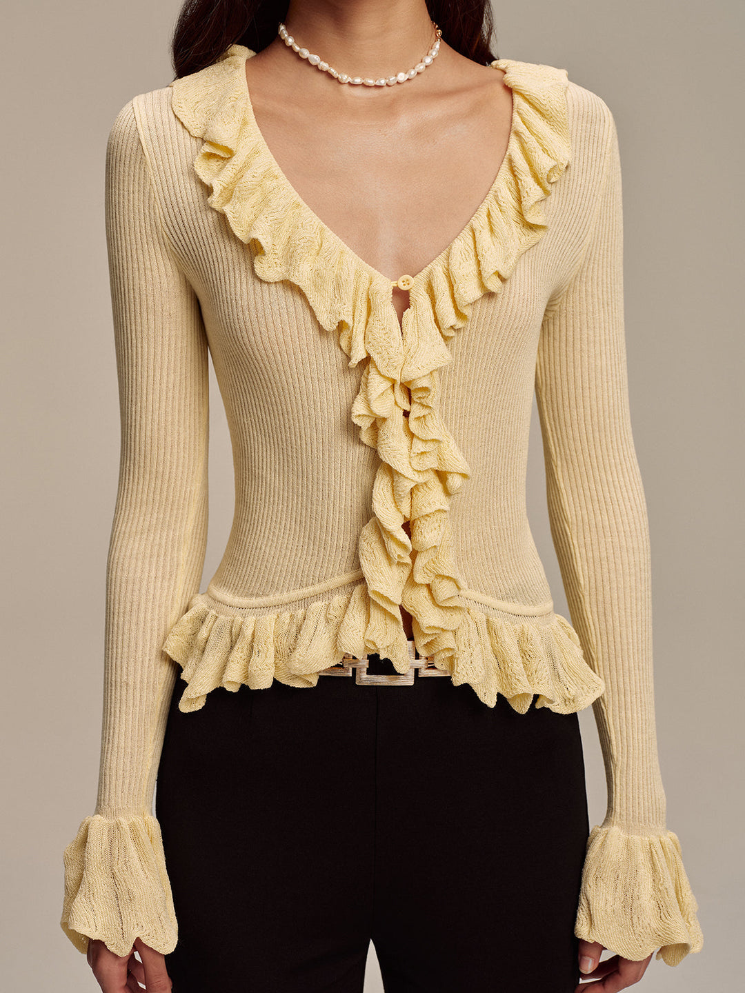 Ruffled V-Neck Knit Cardigan
