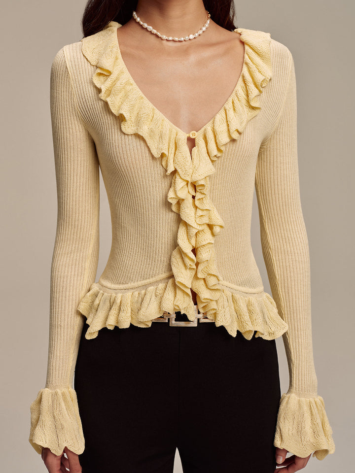 Ruffled V-Neck Knit Cardigan