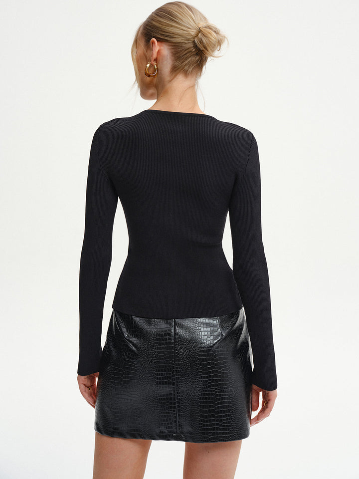 Metal Button Ribbed Knit Cardigan