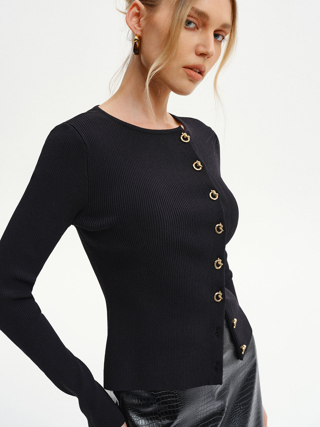 Metal Button Ribbed Knit Cardigan