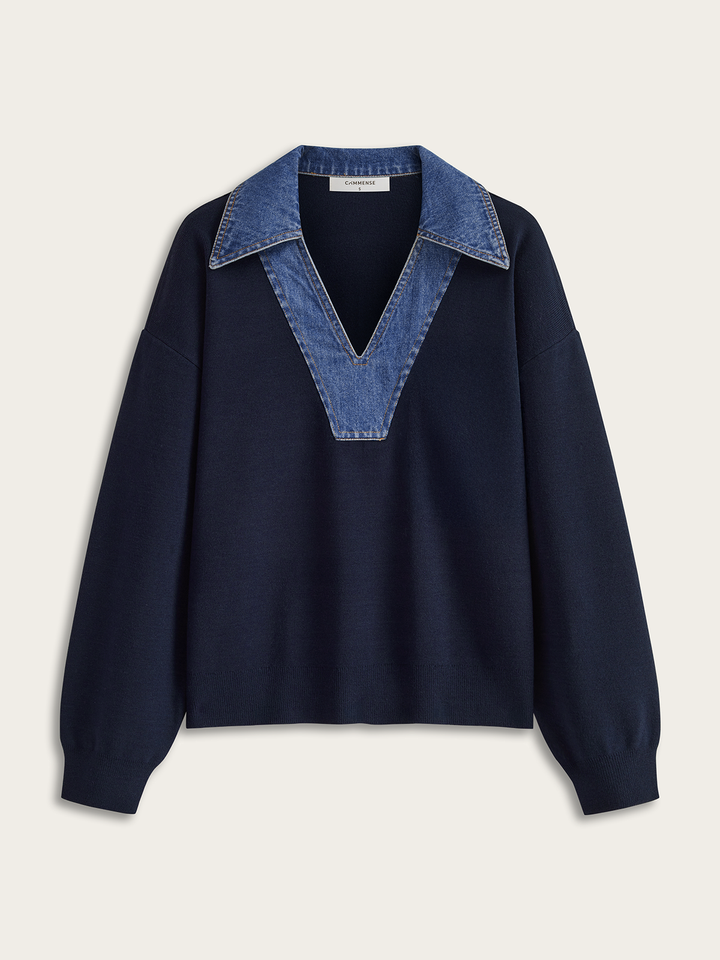 Denim Collar V-Neck Sweater