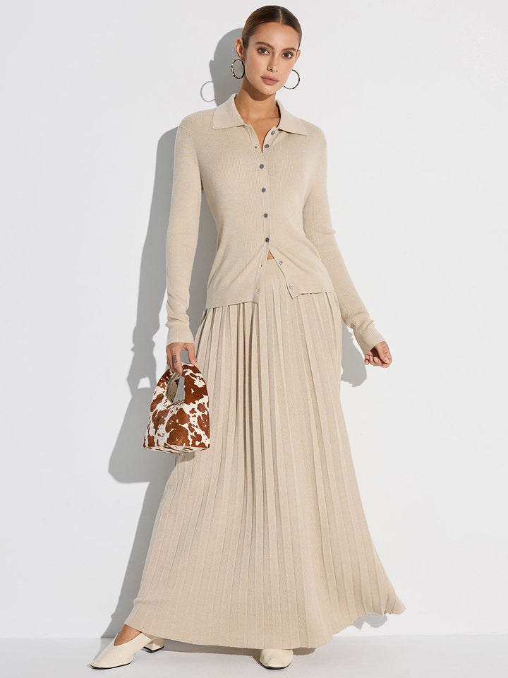 Ribbed Wool Blend Polo Collar Cardigan