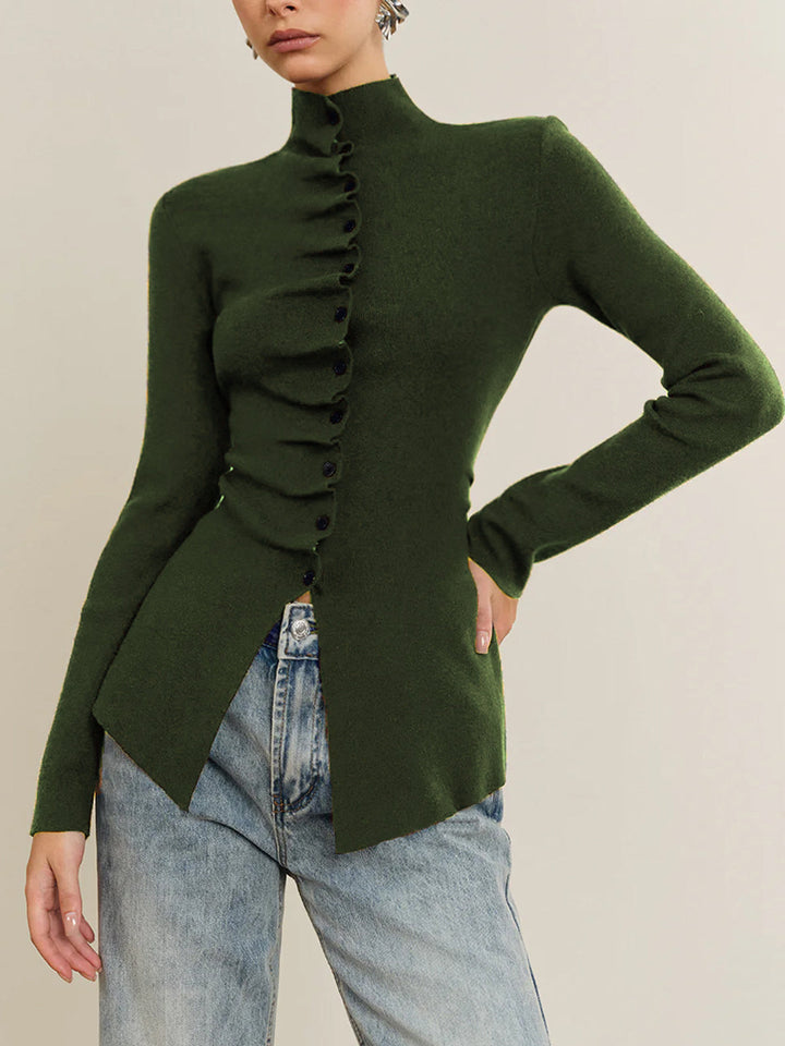 Button Pleated Split Knit Top