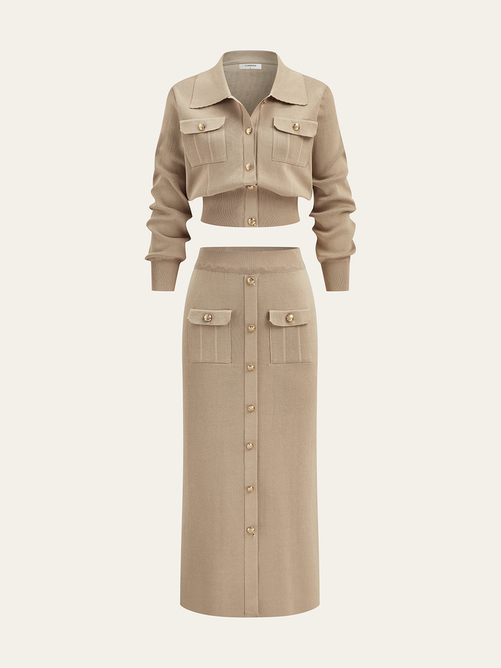 Metal Button Collared Cardigan and Midi Skirt Set