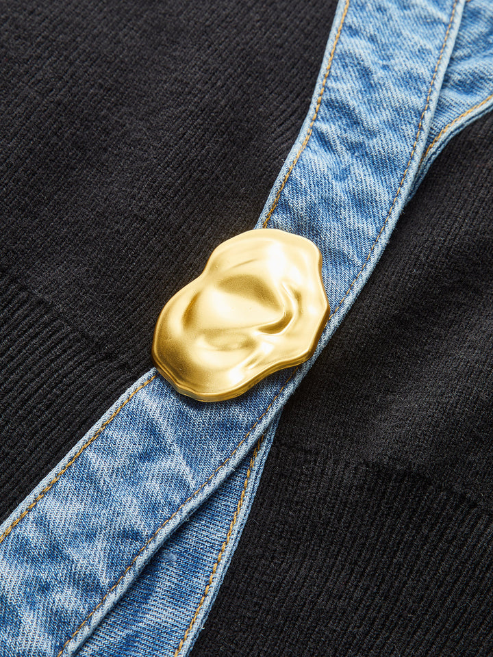 Denim Trim Metal Button Cardigan