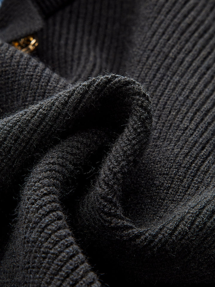 Wool Blend Denim Collar Puff Sleeve Cardigan