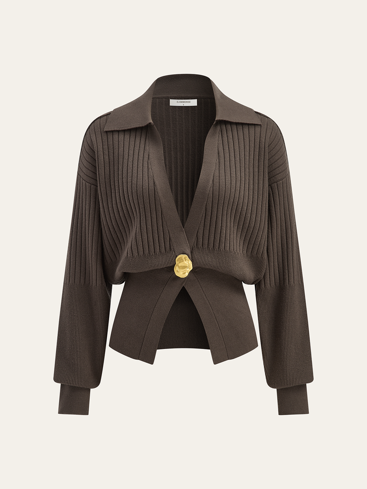 Ribbed Collared Metal Button Cardigan